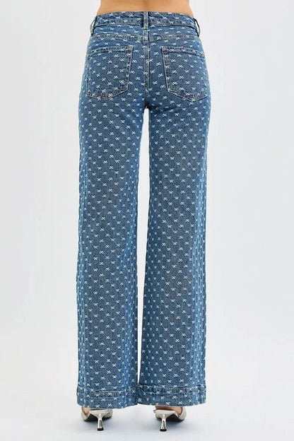 RISEN High Rise Wide Leg Bow Embroidered Jeans - Tredona LLC