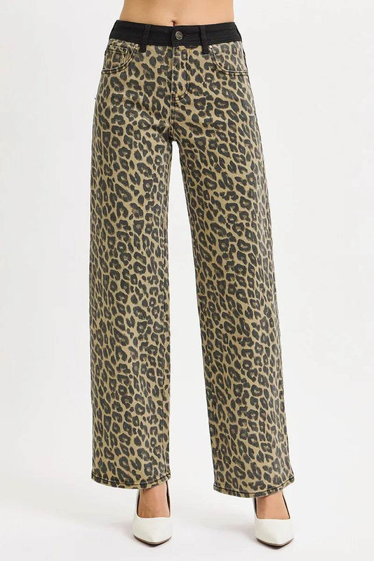 RISEN High Rise Wide Leg Leopard Printed Jeans with Contrast Waist Band Detail - Tredona LLC