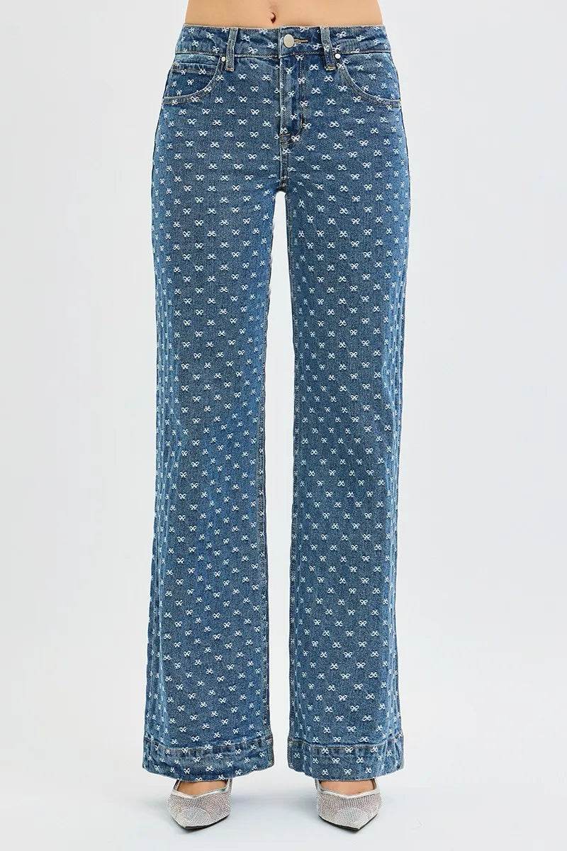 RISEN High Rise Wide Leg Bow Embroidered Jeans - Tredona LLC