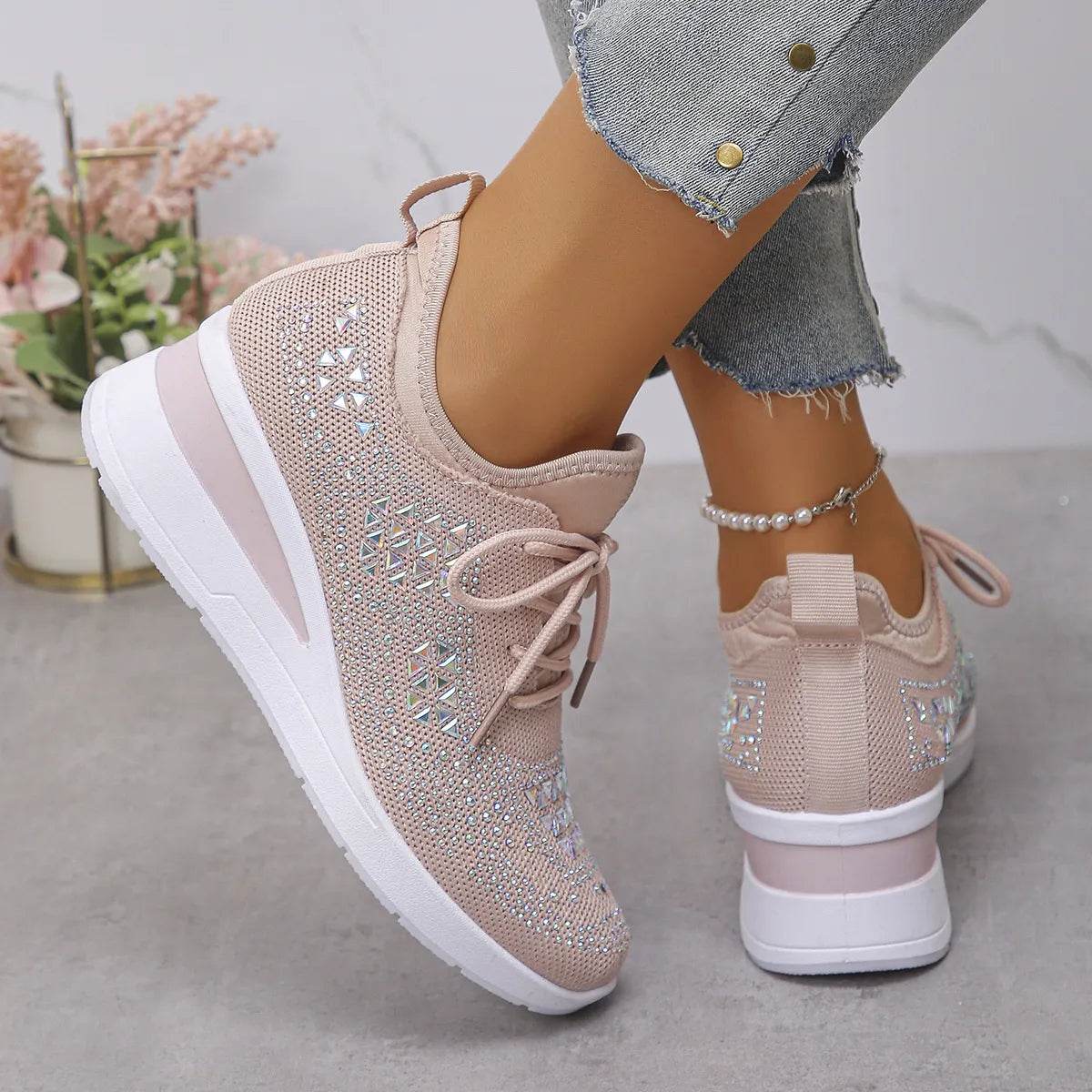 Breathable Mesh Rhinestone Wedge Athletic Sneakers - Tredona LLC
