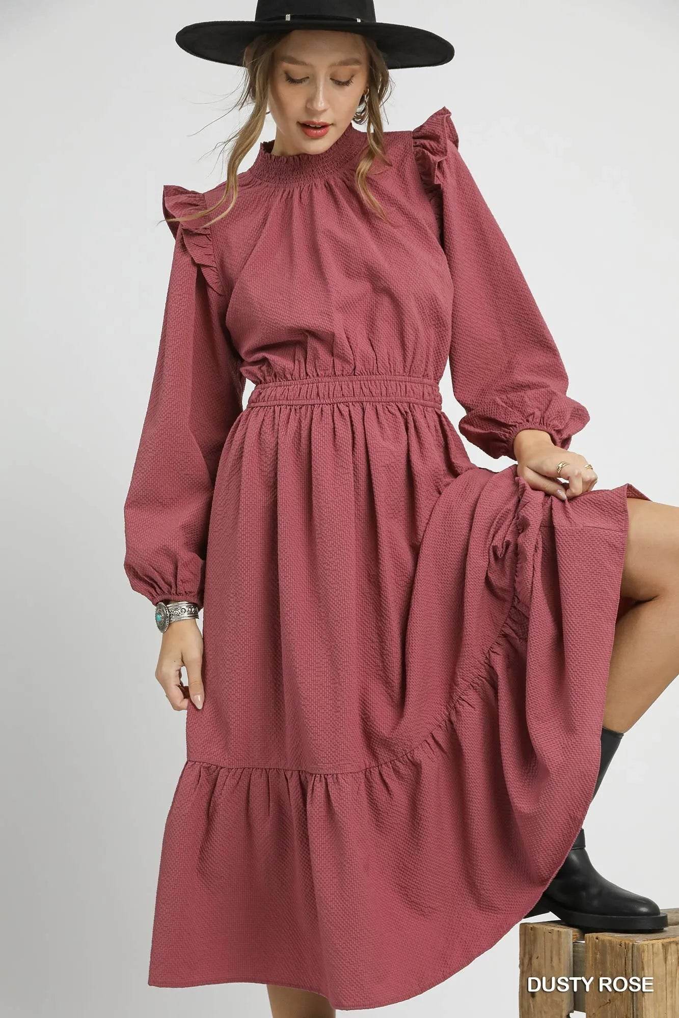 Umgee Textured Midi Dress with Ruffle Shoulder Detail - Tredona LLC