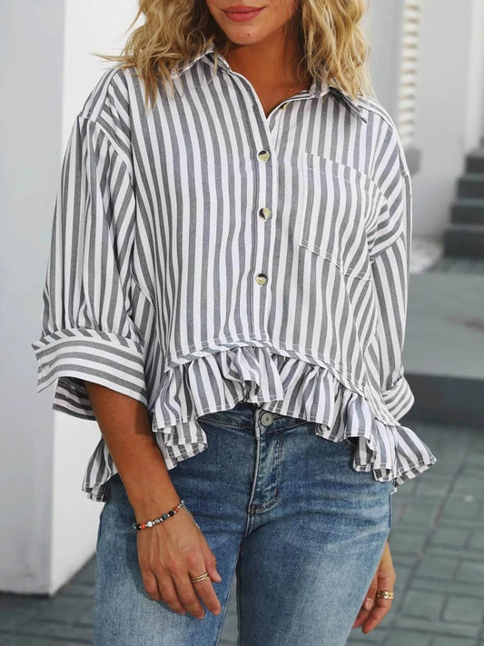 Striped Ruffle Hem Button-Up Shirt - Tredona LLC