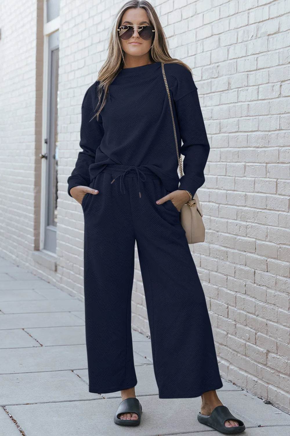 Double Take Full Size Textured Long Sleeve Top and Drawstring Pants Set - Tredona LLC