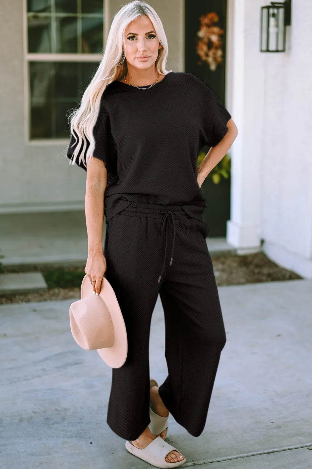 Double Take Full Size Texture Short Sleeve Top and Pants Set - Tredona LLC