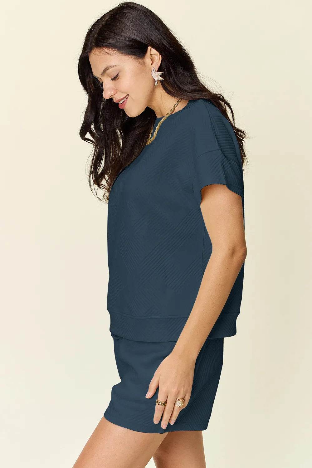 Double Take Full Size Texture Short Sleeve T-Shirt and Drawstring Shorts Set - Tredona LLC