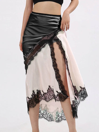 Lace Trim Asymmetrical Midi Skirt - Tredona LLC