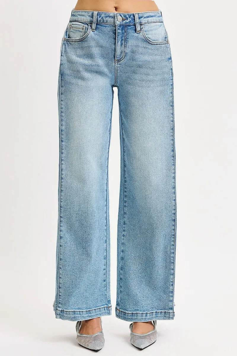 RISEN Mid Rise Wide Barrel Transferable Leg Snap Jeans - Tredona LLC