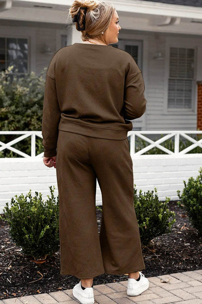 Double Take Full Size Textured Long Sleeve Top and Drawstring Pants Set - Tredona LLC