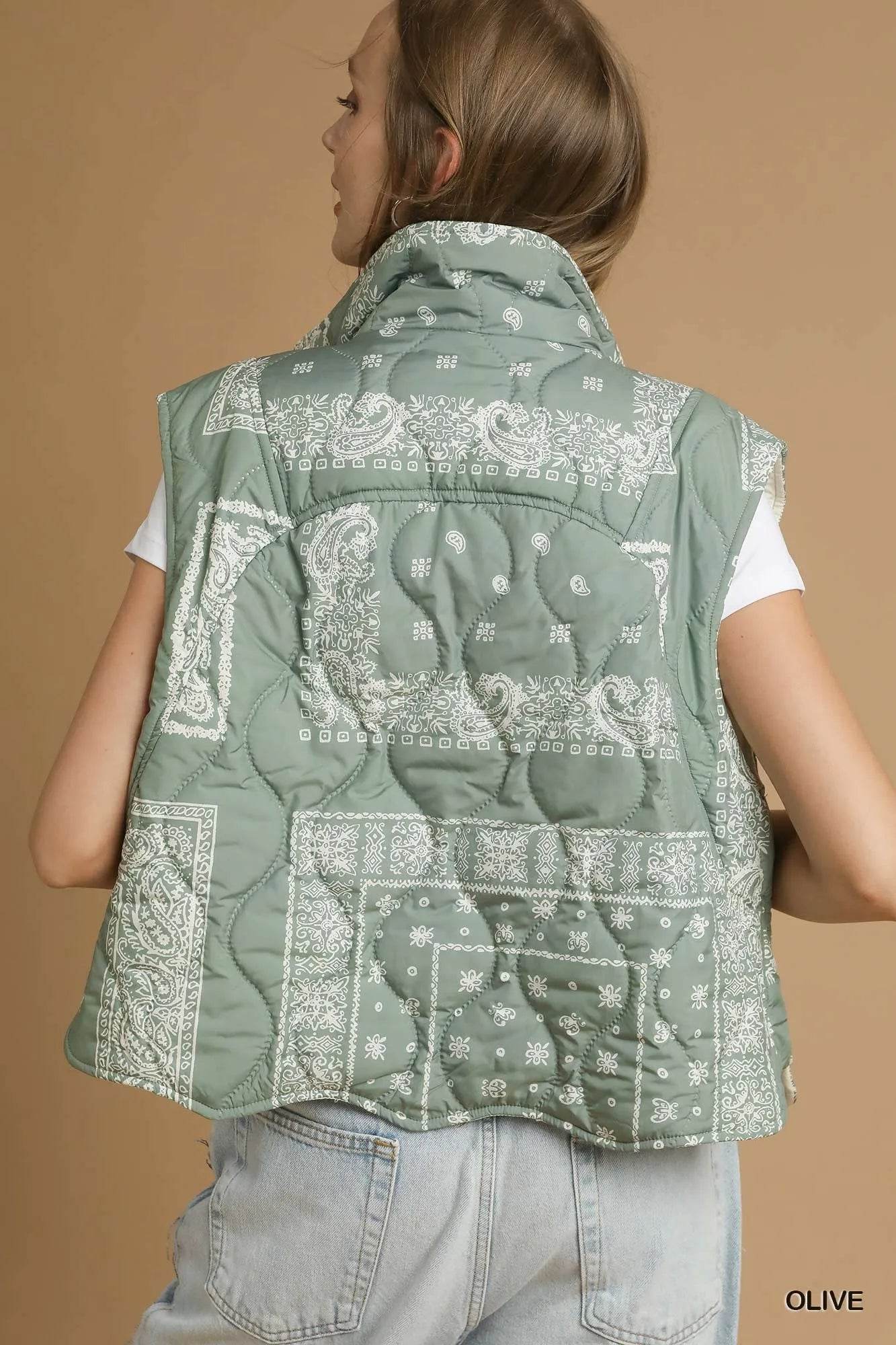 Umgee Bandana Print Quilted Puffer Vest - Tredona LLC