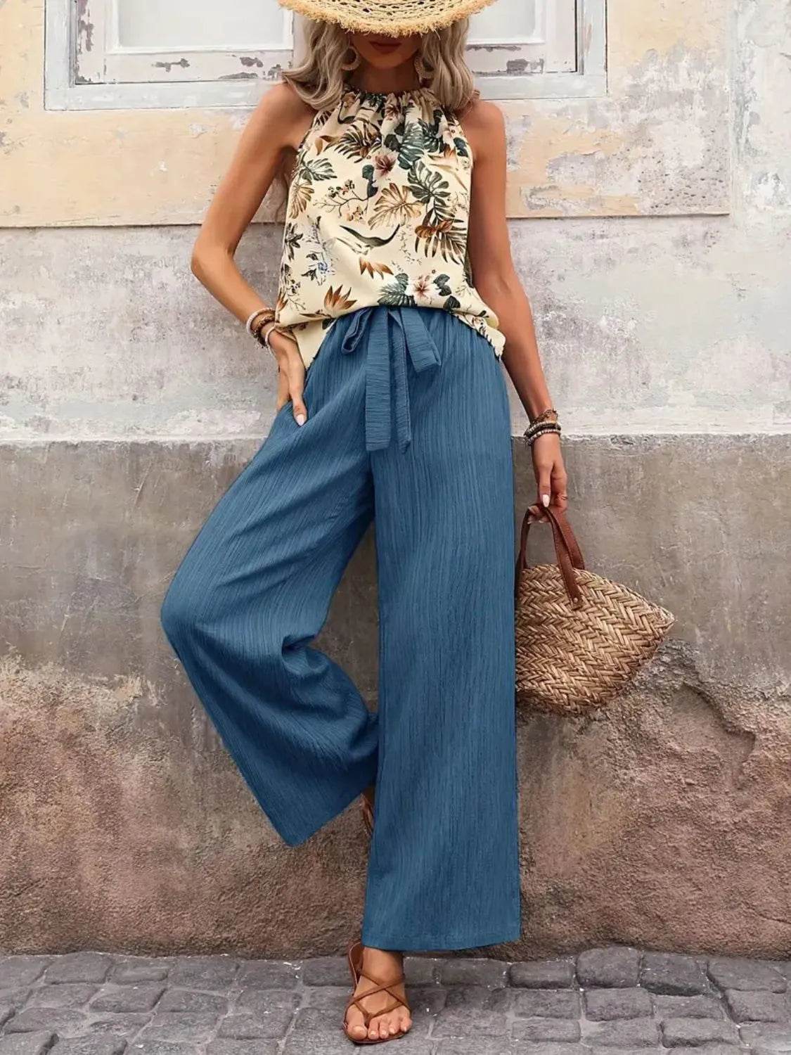 Printed Tank Top and Wide Leg Pants Set - Tredona LLC