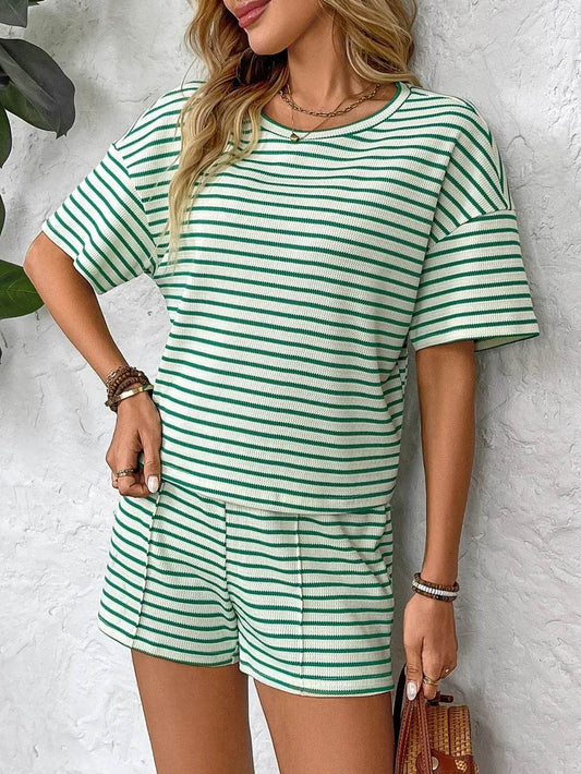 Striped Round Neck Short Sleeve Top and Shorts Set - Tredona LLC