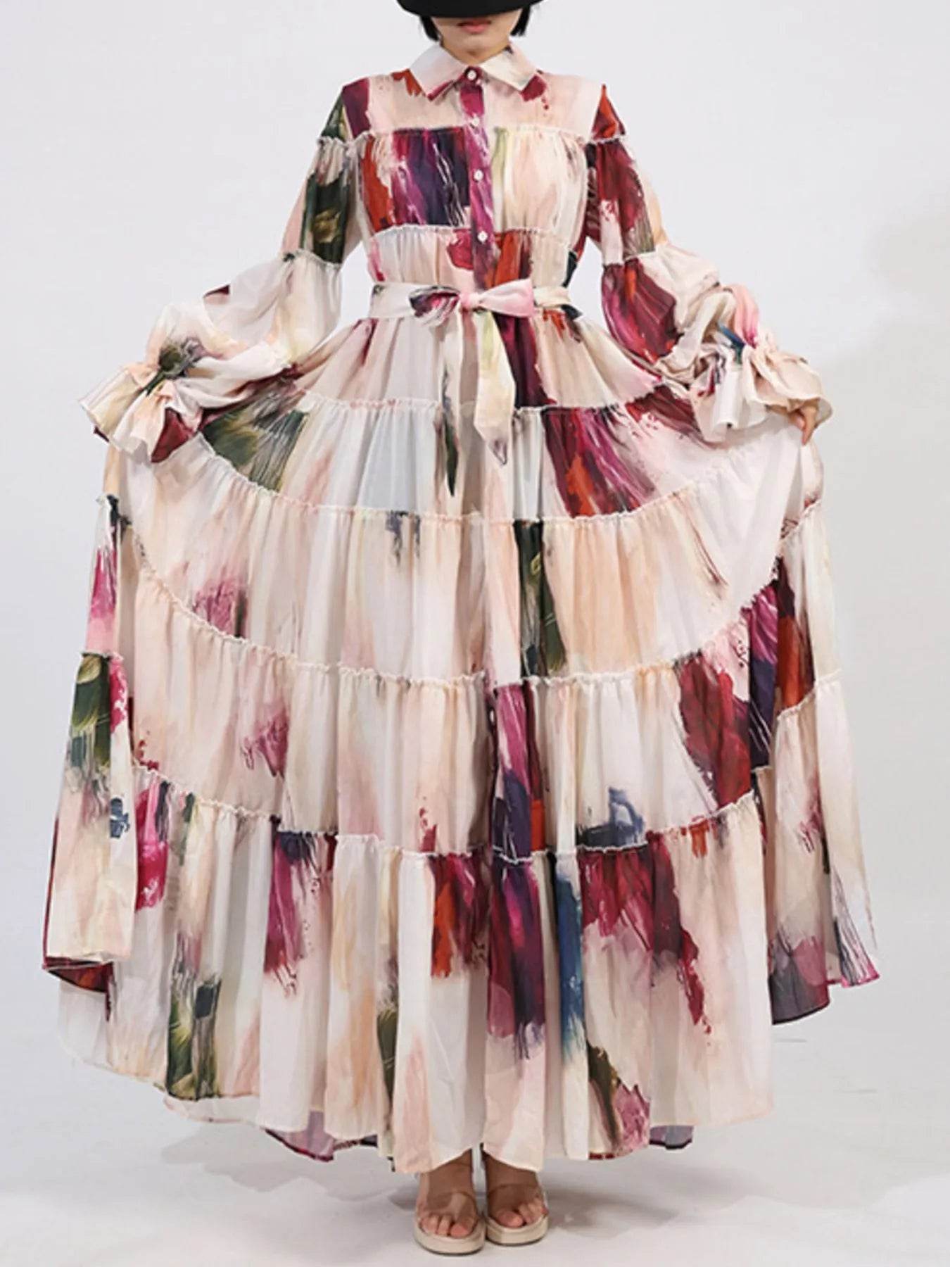 Tiered Tie Waist Maxi Dress - Tredona LLC