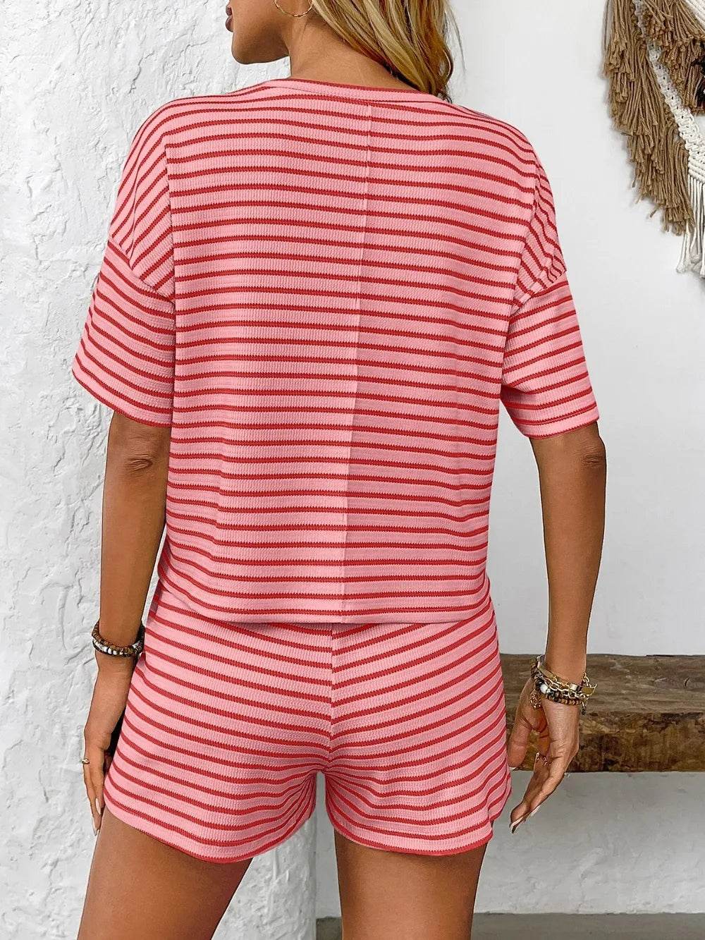 Striped Round Neck Short Sleeve Top and Shorts Set - Tredona LLC