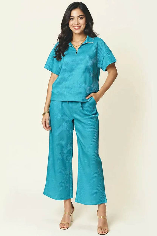 Double Take Full Size Texture Half Zip Short Sleeve Top and Pants Set - Tredona LLC