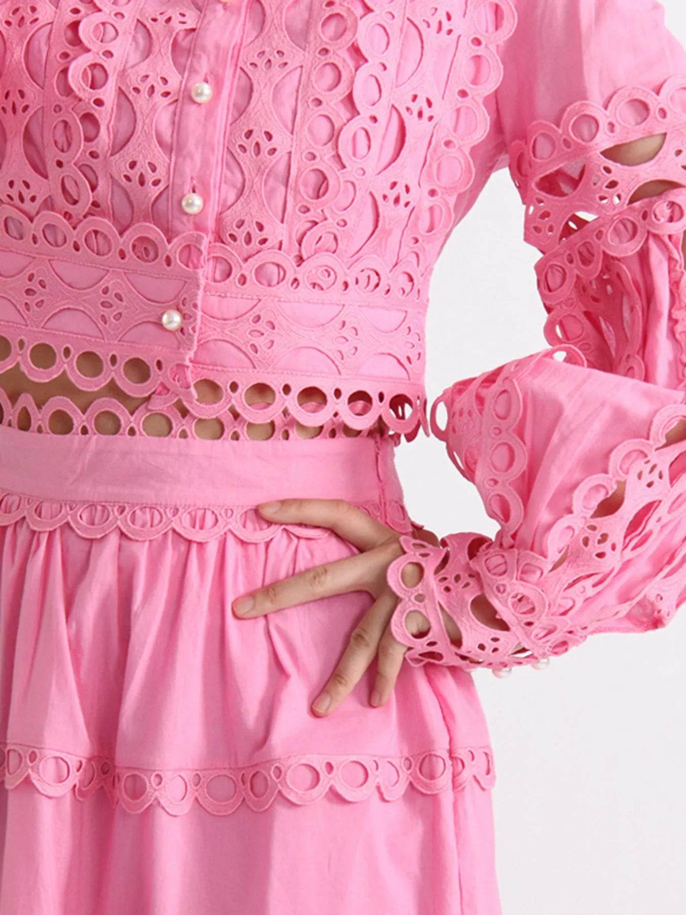 Lace Button Up Long Sleeve Top and Skirt Set - Tredona LLC
