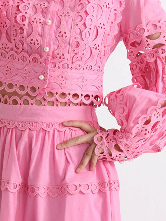 Lace Button Up Long Sleeve Top and Skirt Set - Tredona LLC