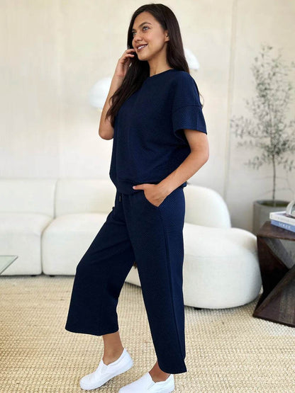 Double Take Full Size Texture Short Sleeve Top and Pants Set - Tredona LLC