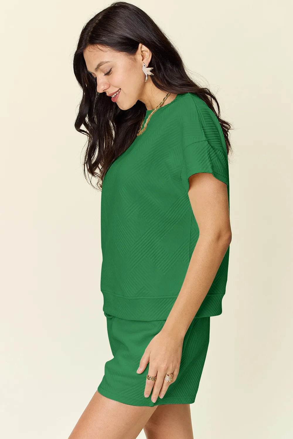 Double Take Full Size Texture Short Sleeve T-Shirt and Drawstring Shorts Set - Tredona LLC