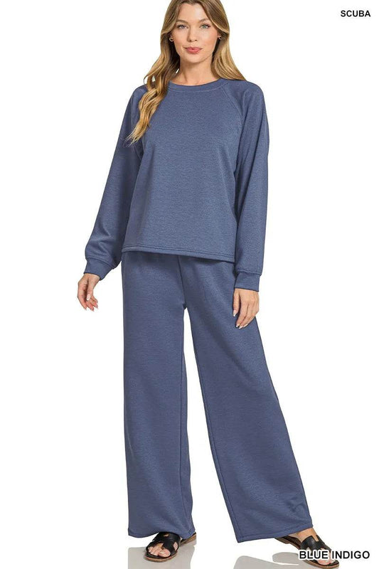 Zenana Scuba Crewneck Sweatshirt and Pants Set - Tredona LLC