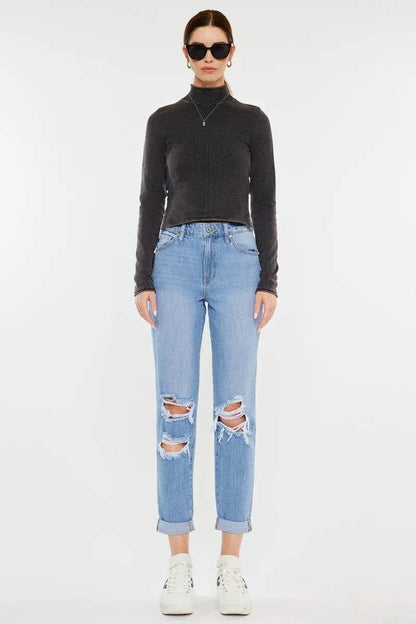 Kancan High Rise Distressed Mom Jeans - Tredona LLC