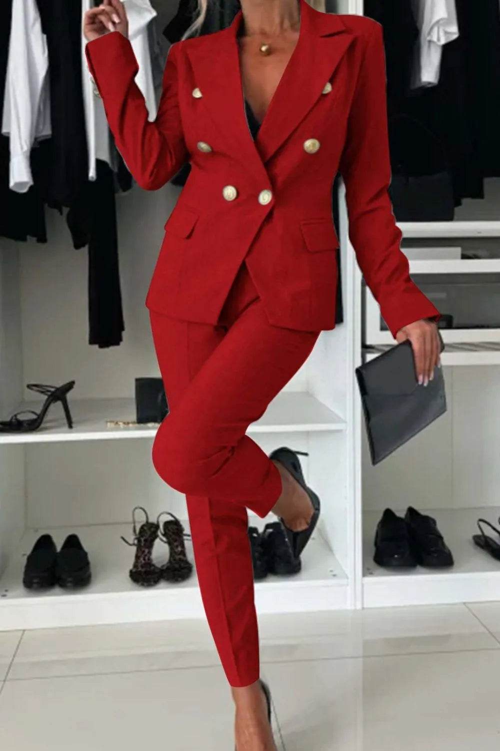 Full Size Lapel Collar Long Sleeve Blazer and Pants Set Plus Size - Tredona LLC