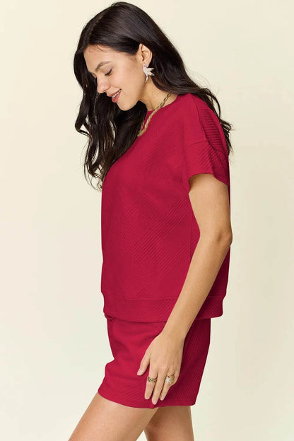 Double Take Full Size Texture Short Sleeve T-Shirt and Drawstring Shorts Set - Tredona LLC