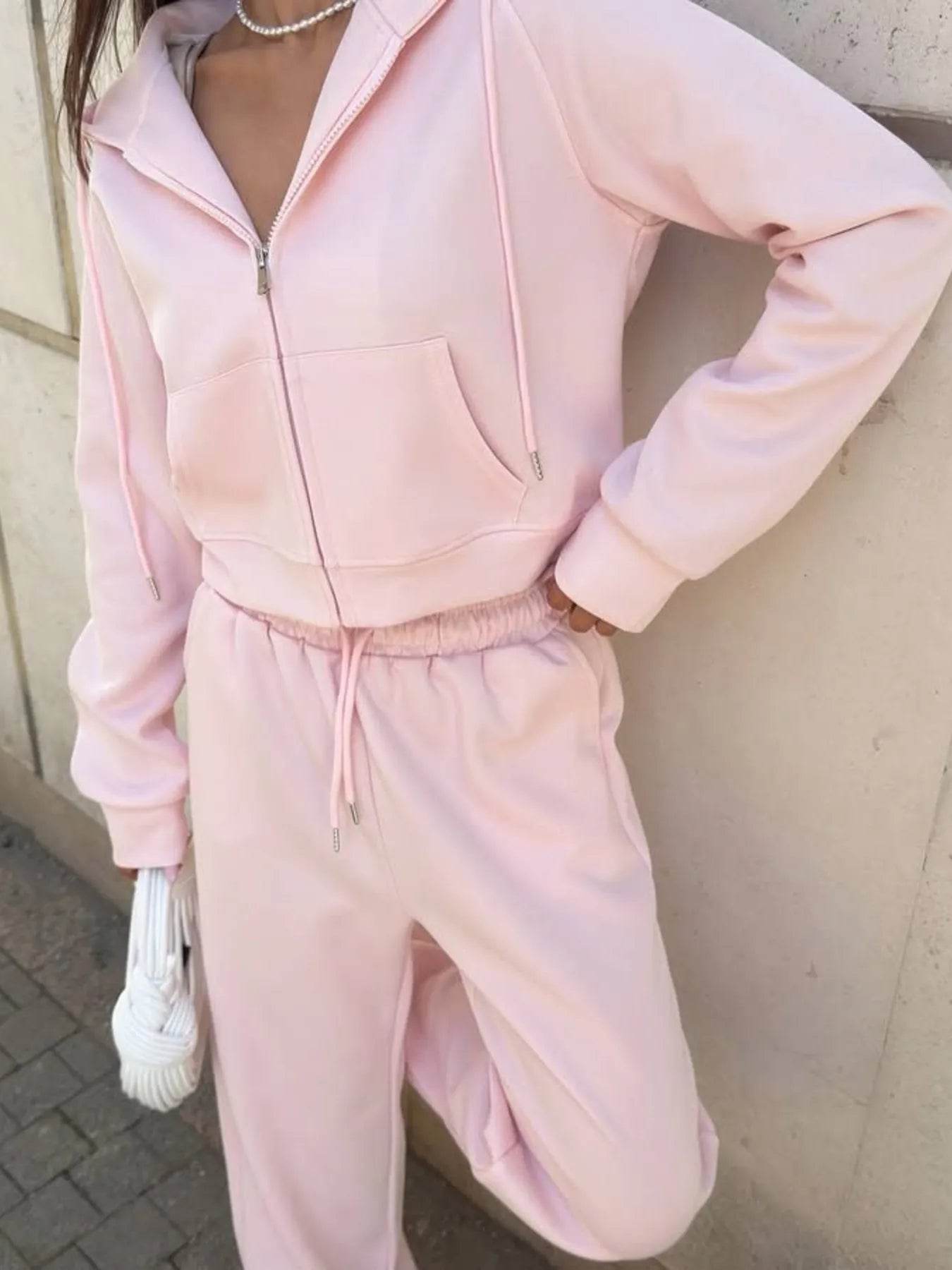 Zip Up Drawstring Hoodie and Pants Set - Tredona LLC