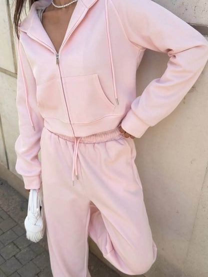 Zip Up Drawstring Hoodie and Pants Set - Tredona LLC
