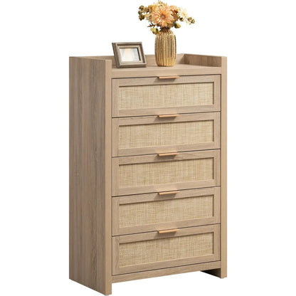 SICOTAS Dresser for Bedroom Chest of Drawers 46 Tall Dresser for Closet with 5 Rattan Drawers Boho Night Stand Large Clothes Sto