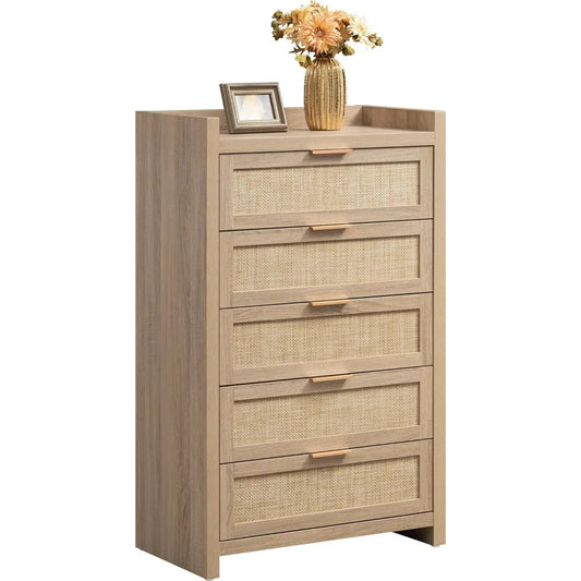 SICOTAS Dresser for Bedroom Chest of Drawers 46 Tall Dresser for Closet with 5 Rattan Drawers Boho Night Stand Large Clothes Sto