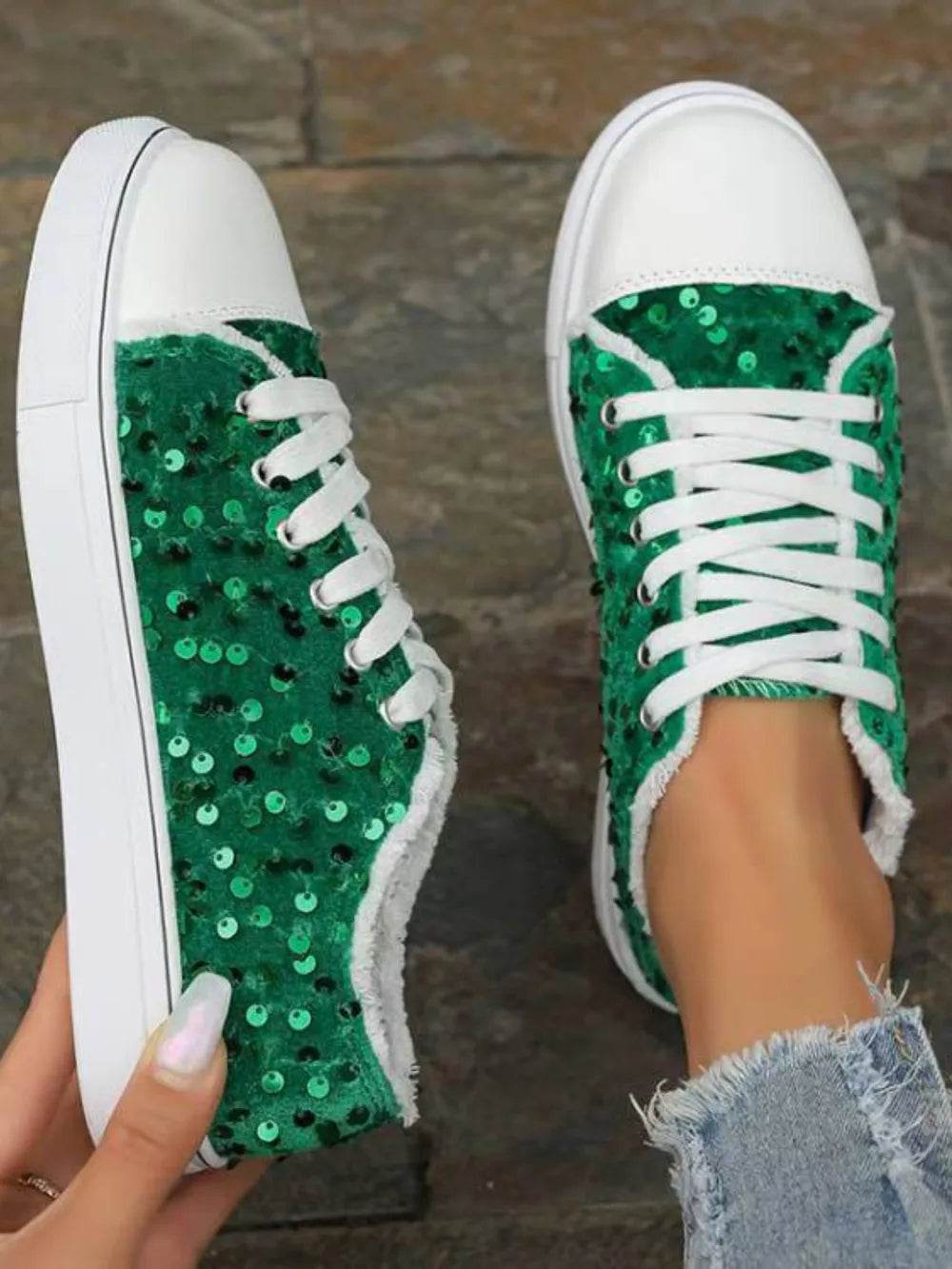 Sequin Round Toe Flat Sneakers - Tredona LLC