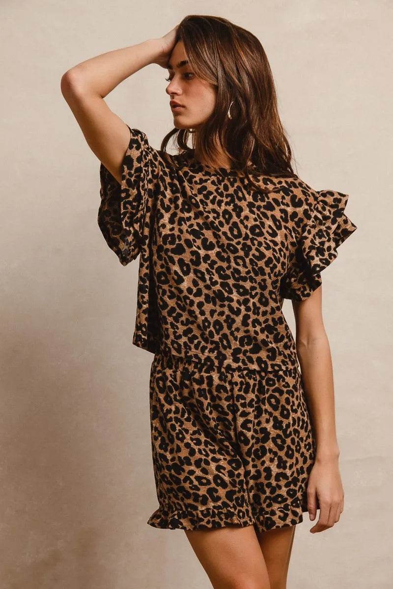 BiBi Leopard Print Waffle Texture Layered Ruffle Sleeve Top and Shorts Set - Tredona LLC
