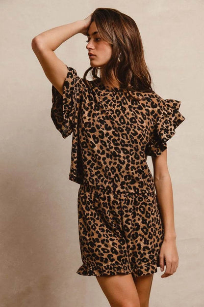 BiBi Leopard Print Waffle Texture Layered Ruffle Sleeve Top and Shorts Set - Tredona LLC