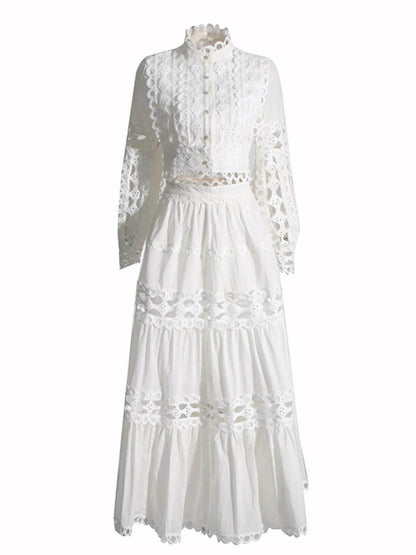 Lace Button Up Long Sleeve Top and Skirt Set - Tredona LLC