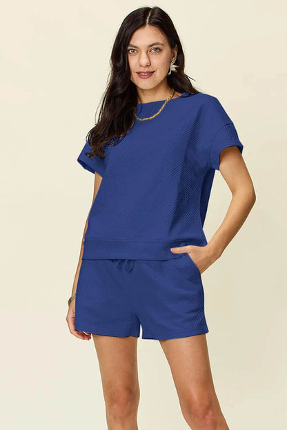 Double Take Full Size Texture Short Sleeve T-Shirt and Drawstring Shorts Set - Tredona LLC