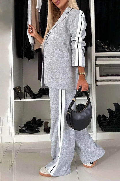 Full Size Contrast Lapel Collar Top and Pants Set - Tredona LLC