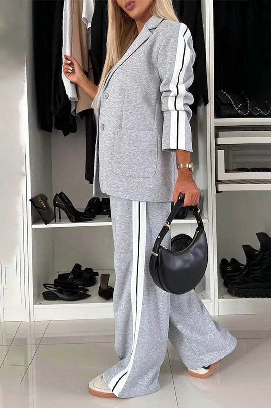Full Size Contrast Lapel Collar Top and Pants Set - Tredona LLC