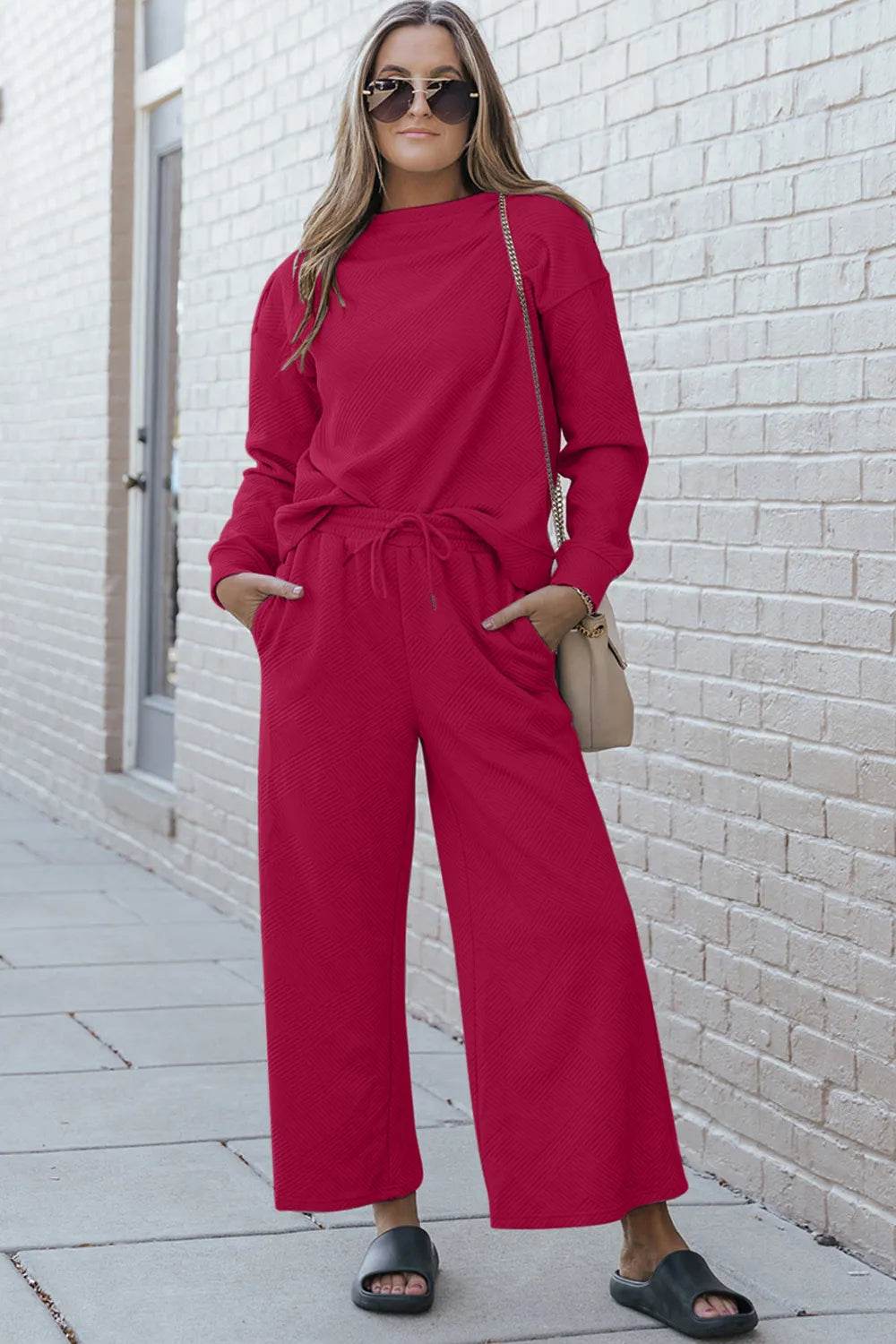 Double Take Full Size Textured Long Sleeve Top and Drawstring Pants Set - Tredona LLC