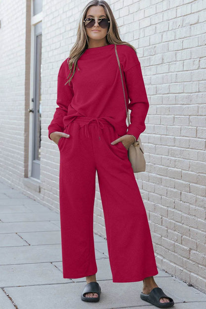 Double Take Full Size Textured Long Sleeve Top and Drawstring Pants Set - Tredona LLC