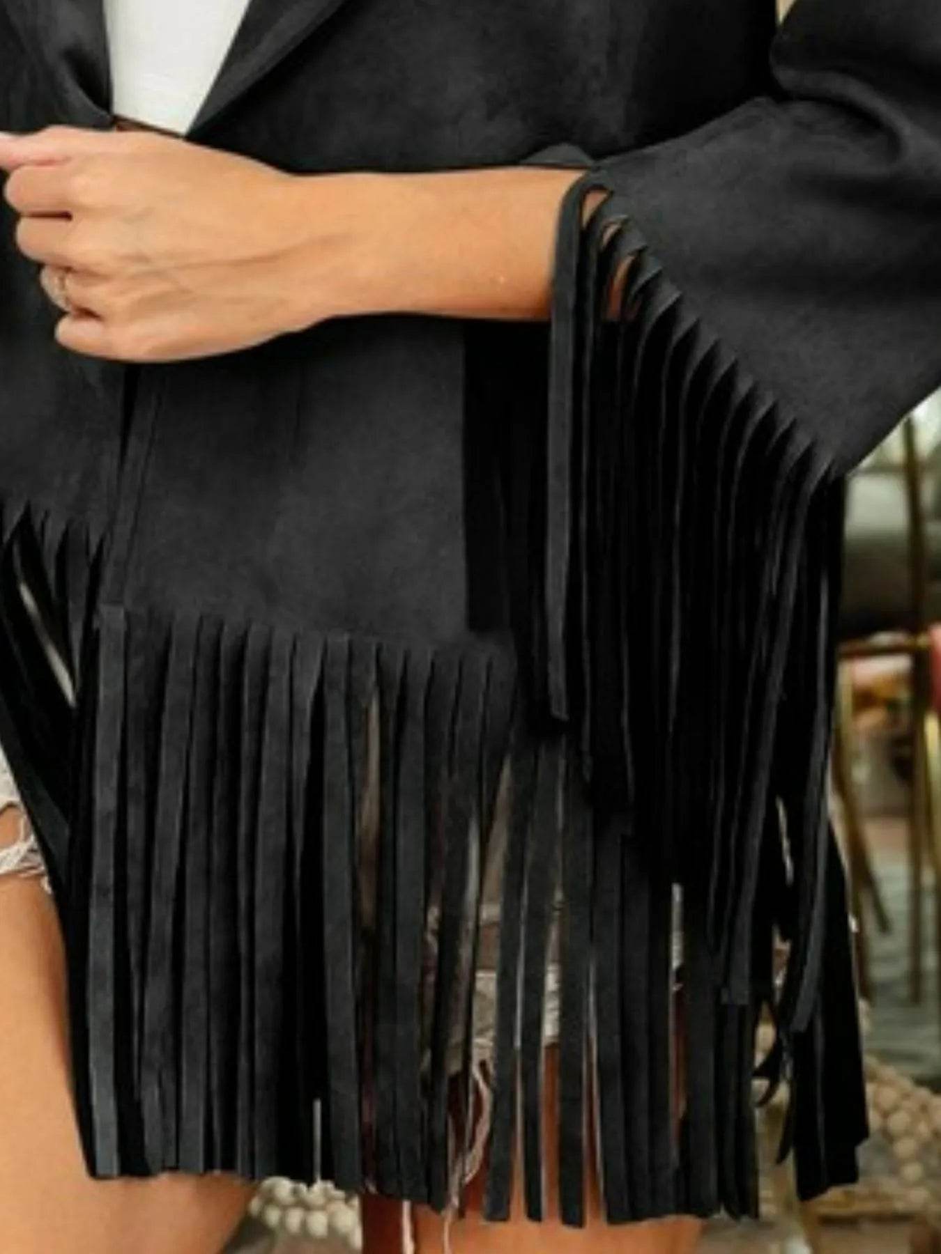 BiBi Suede Single Blazer with Fringed Hem - Tredona LLC