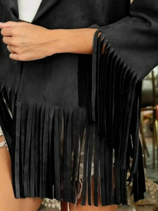 BiBi Suede Single Blazer with Fringed Hem - Tredona LLC