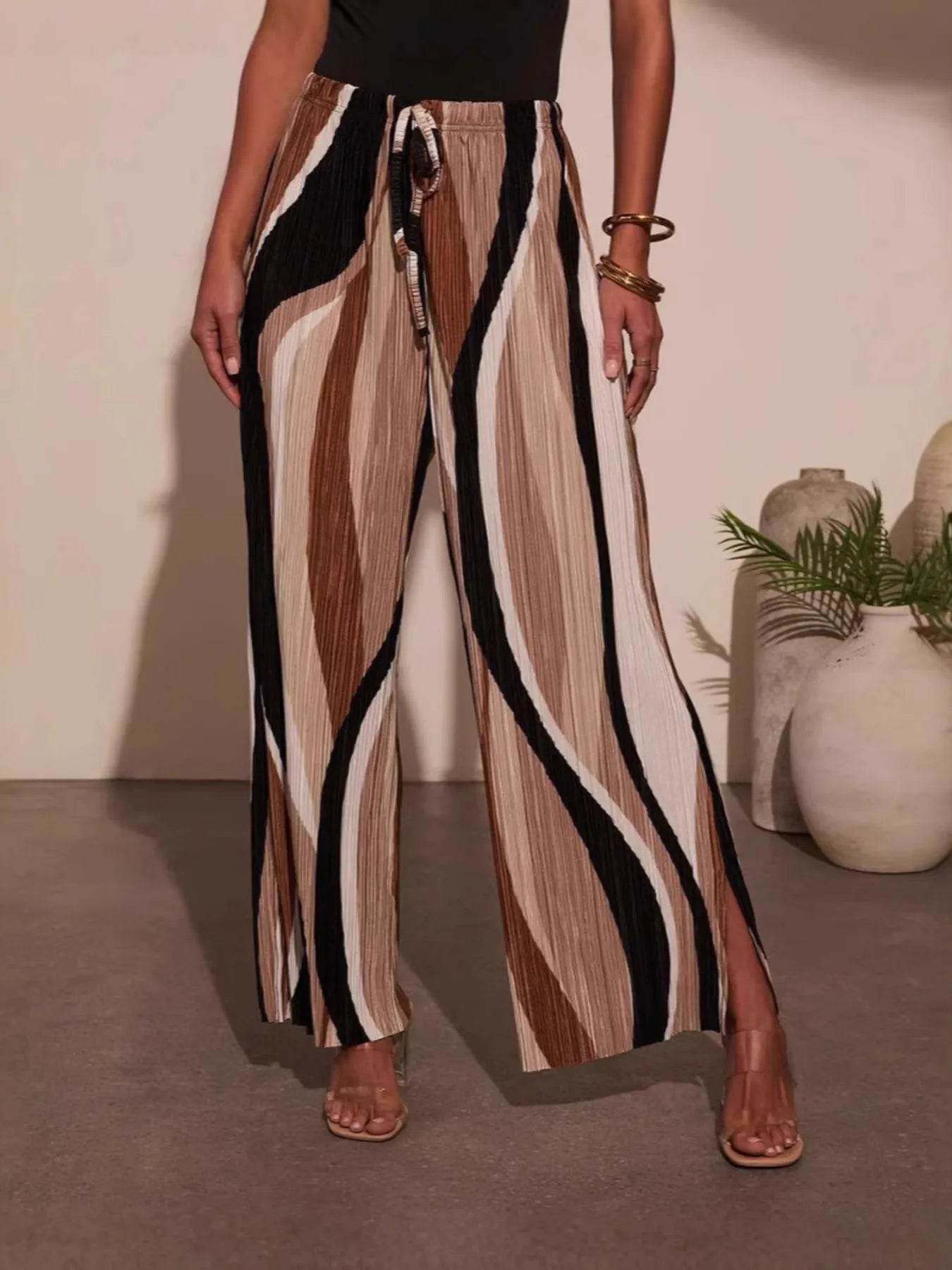 Drawstring Contrast Wide Leg Pants - Tredona LLC