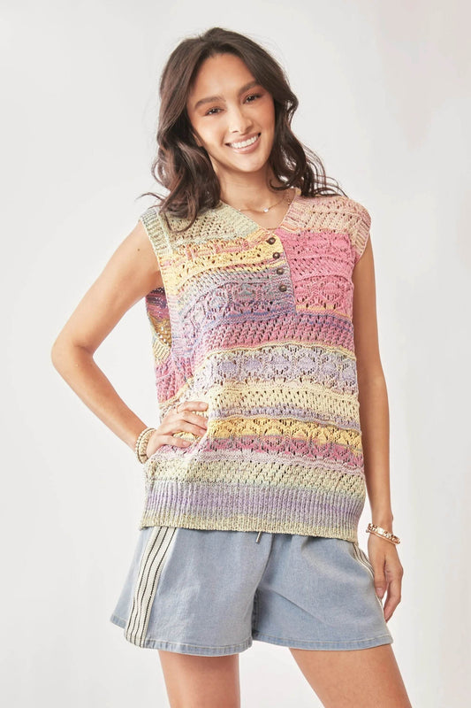 Davi & Dani Multi Color Crochet Sleeveless Knit Vest Top - Tredona LLC