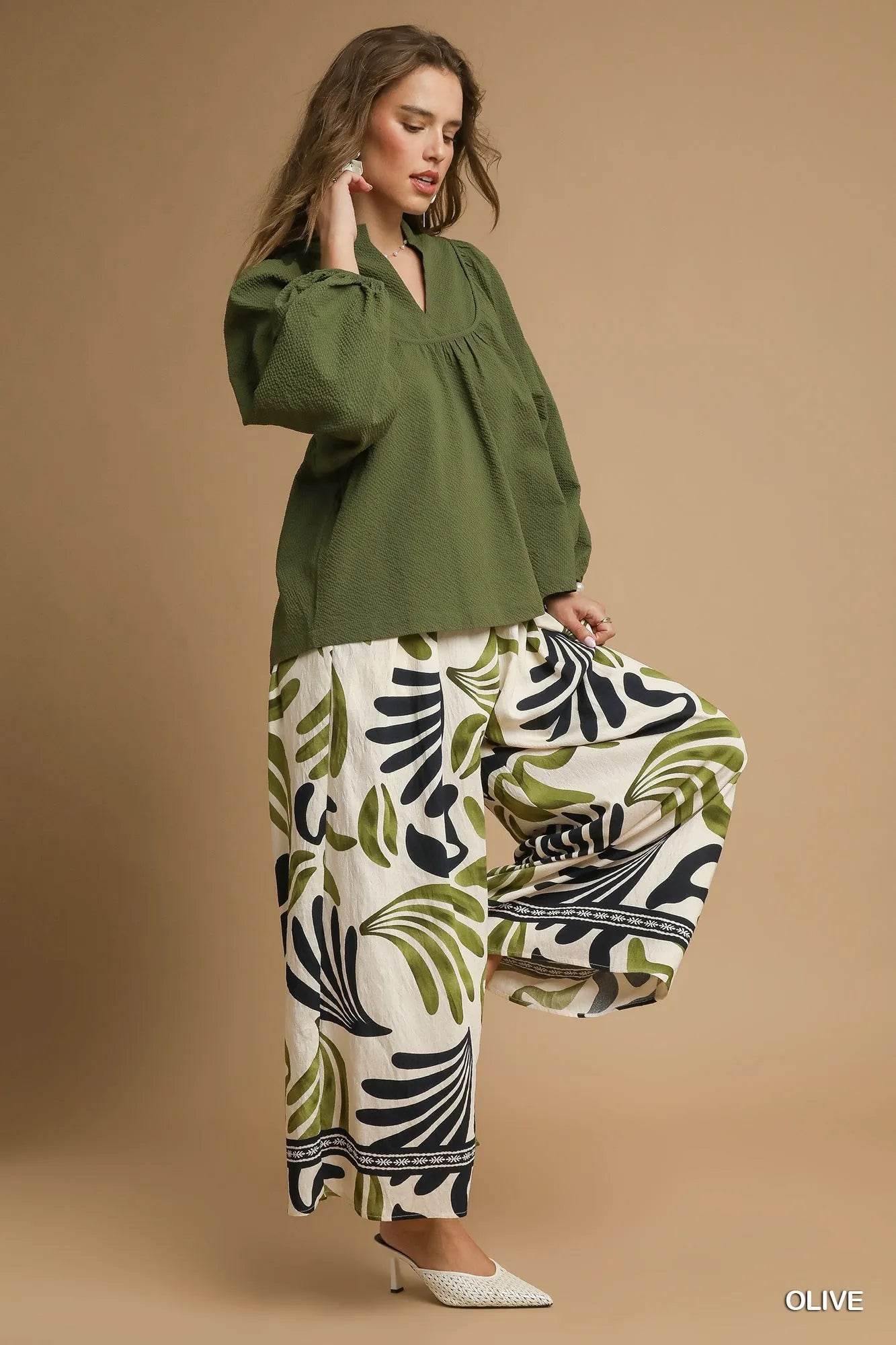 Umgee Textured Notched Blouse with Balloon Sleeves - Tredona LLC