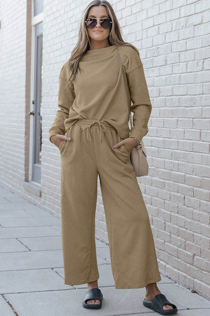 Double Take Full Size Textured Long Sleeve Top and Drawstring Pants Set - Tredona LLC