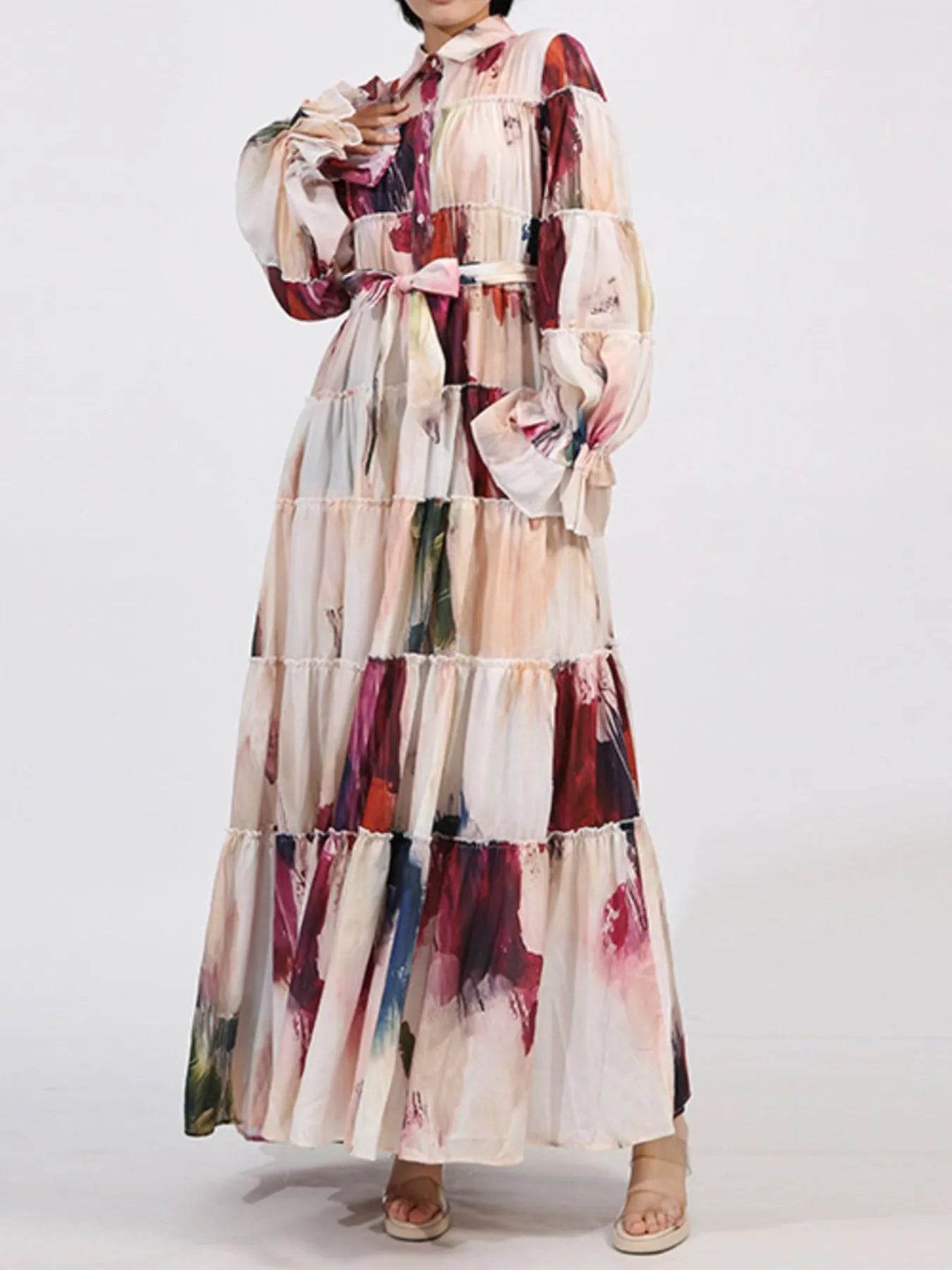 Tiered Tie Waist Maxi Dress - Tredona LLC
