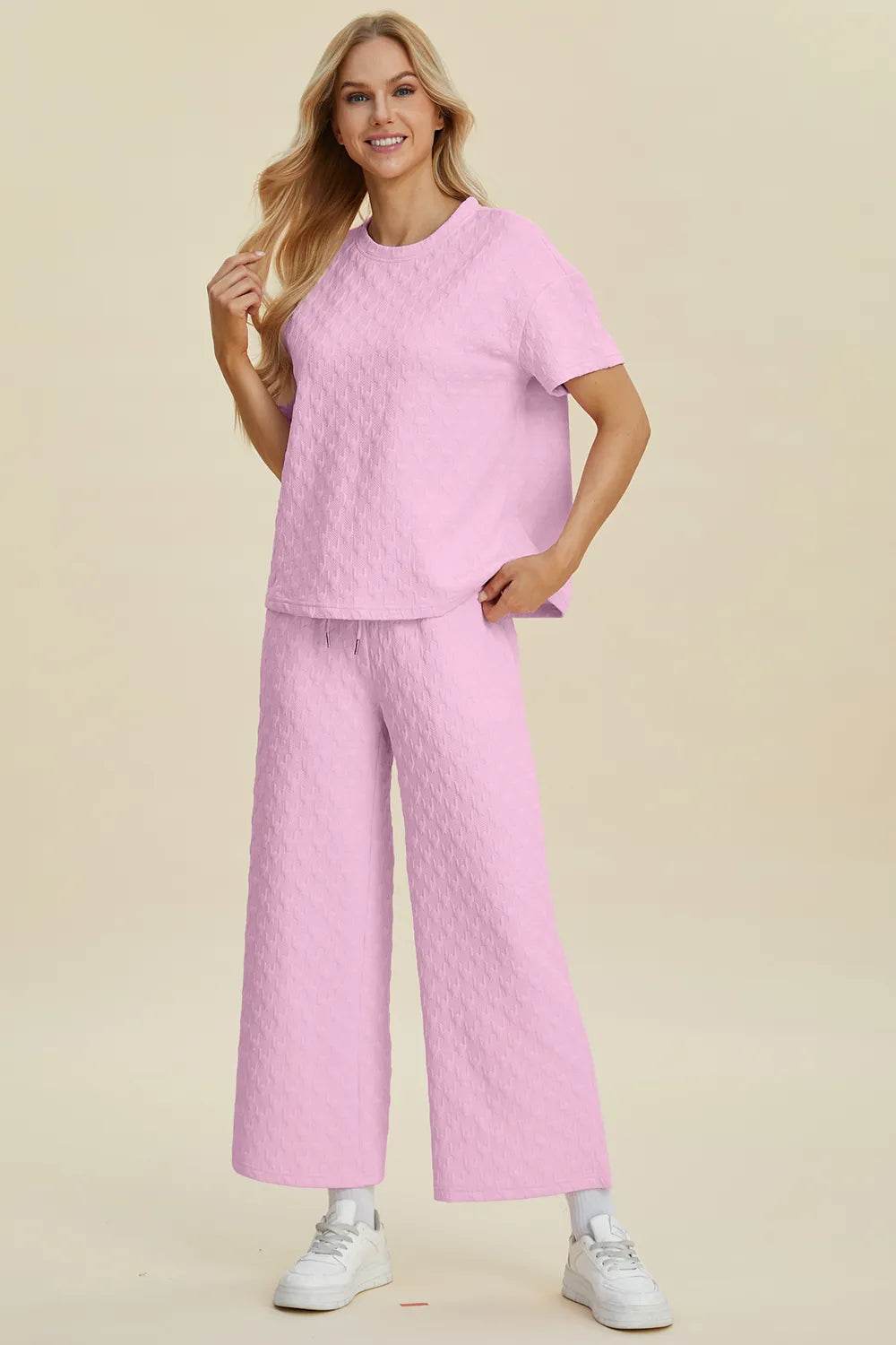 Double Take Full Size Texture Round Neck Short Sleeve Top and Pants Set - Tredona LLC