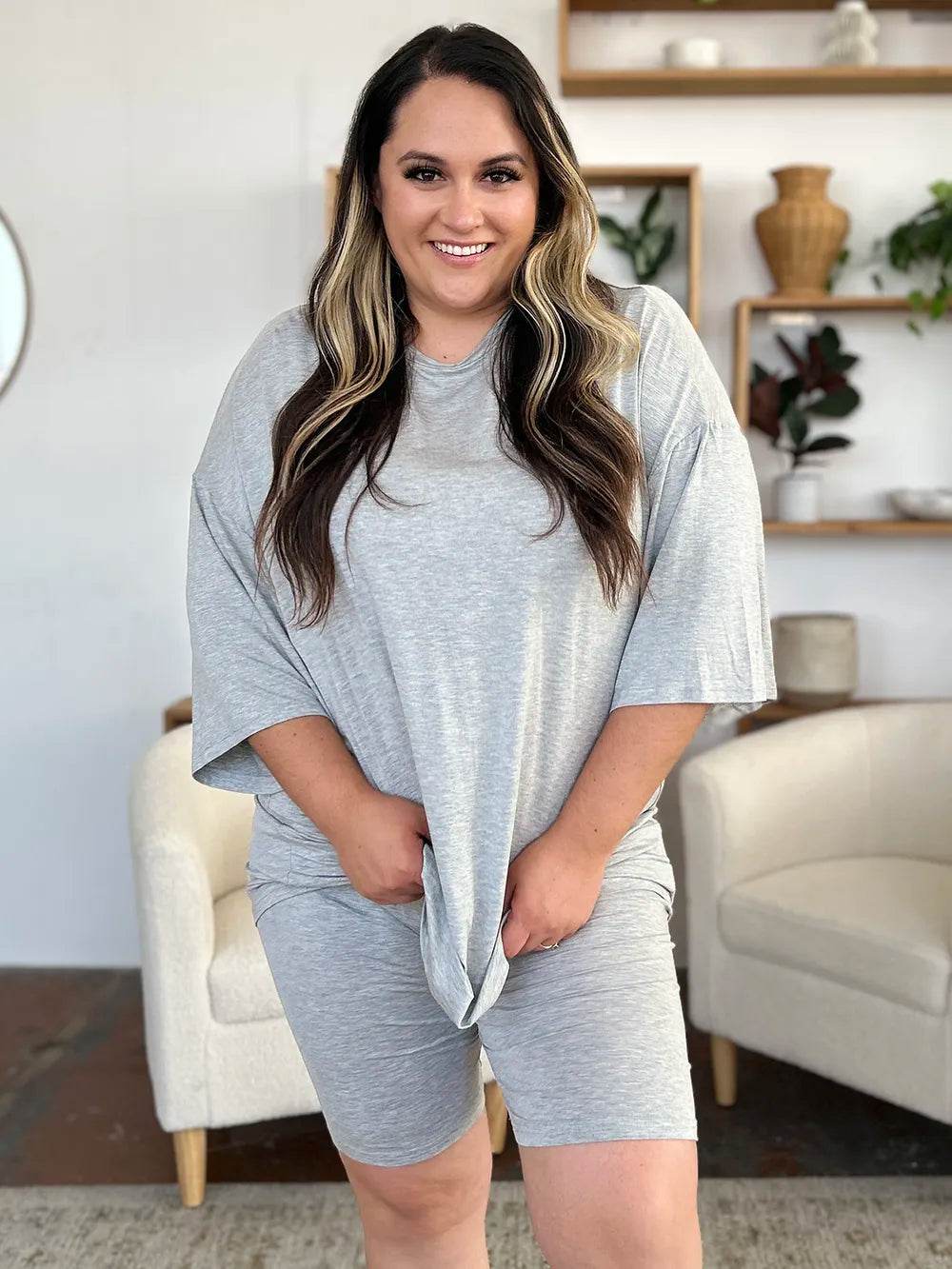 Basic Bae Bamboo Full Size Round Neck Drop Shoulder T-Shirt and Shorts Set - Tredona LLC