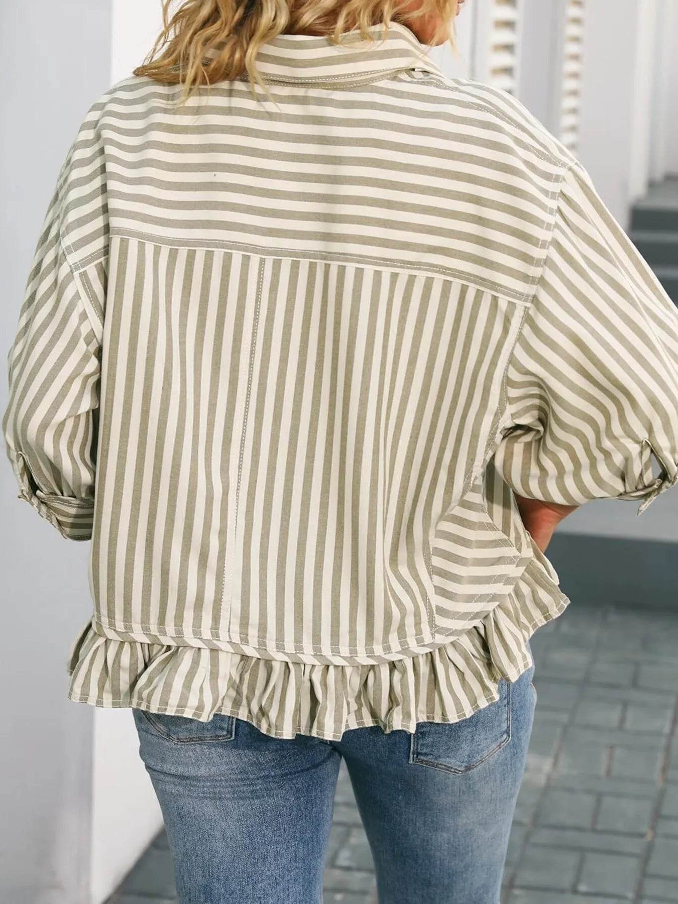 Striped Ruffle Hem Button-Up Shirt - Tredona LLC