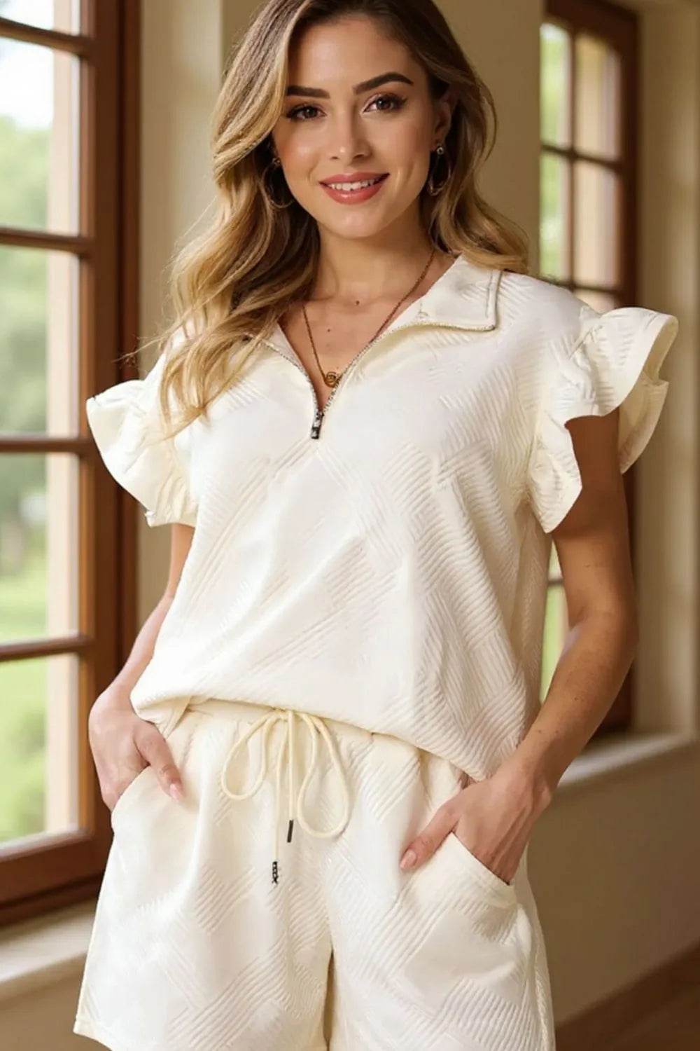 Double Take Full Size Texture Flounce Sleeve Top and Drawstring Shorts Set - Tredona LLC